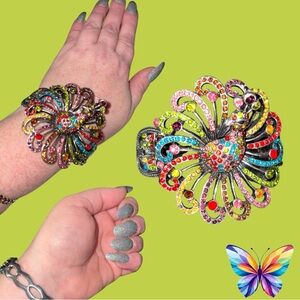 Colorful Peacock Crystal Dangle Cuff Bracelet NWT